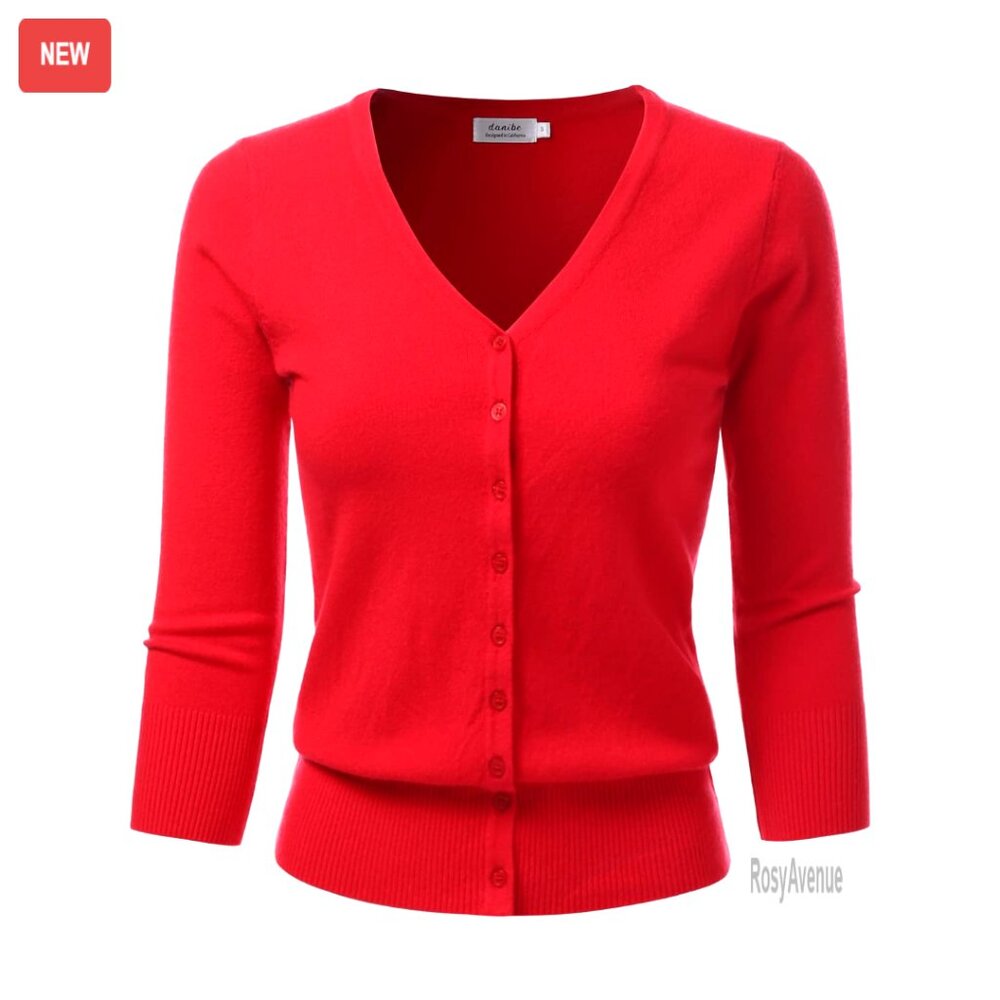 Soft Knit Cardigan 3/4 Sleeve V-Neck Button Down Slim Fit Chic Classic
